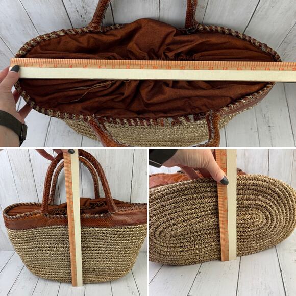 VTG Beirn Brown Cotton Raffia and Leather Trim Shoulder Tote Bag Hand Made - Picture 14 of 15